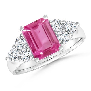 8x6mm AAAA Emerald-Cut Pink Sapphire Ring with Trio Diamonds in P950 Platinum