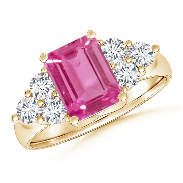 8x6mm AAAA Emerald-Cut Pink Sapphire Ring with Trio Diamonds in Yellow Gold 