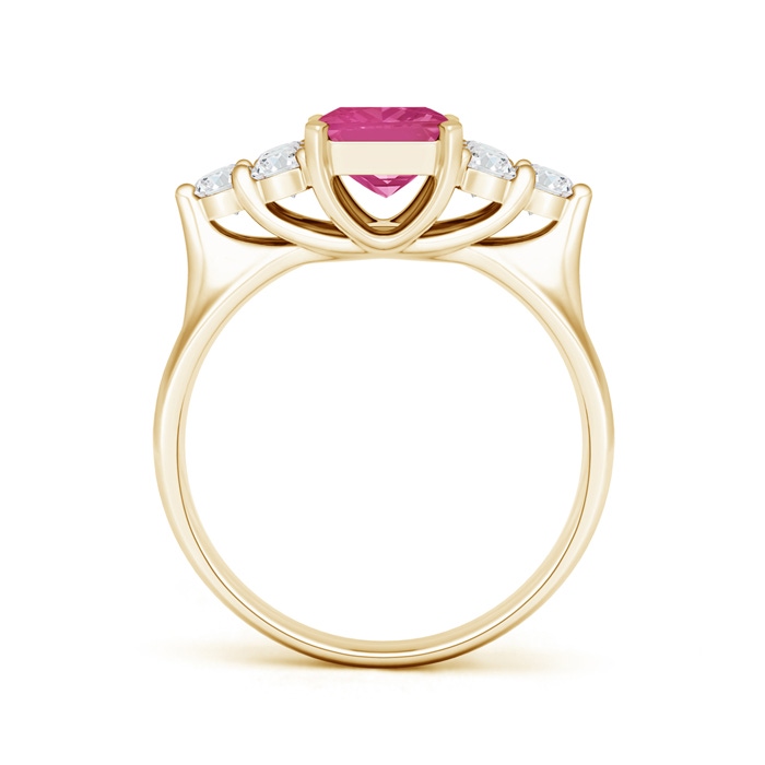 8x6mm AAAA Emerald-Cut Pink Sapphire Ring with Trio Diamonds in Yellow Gold product image