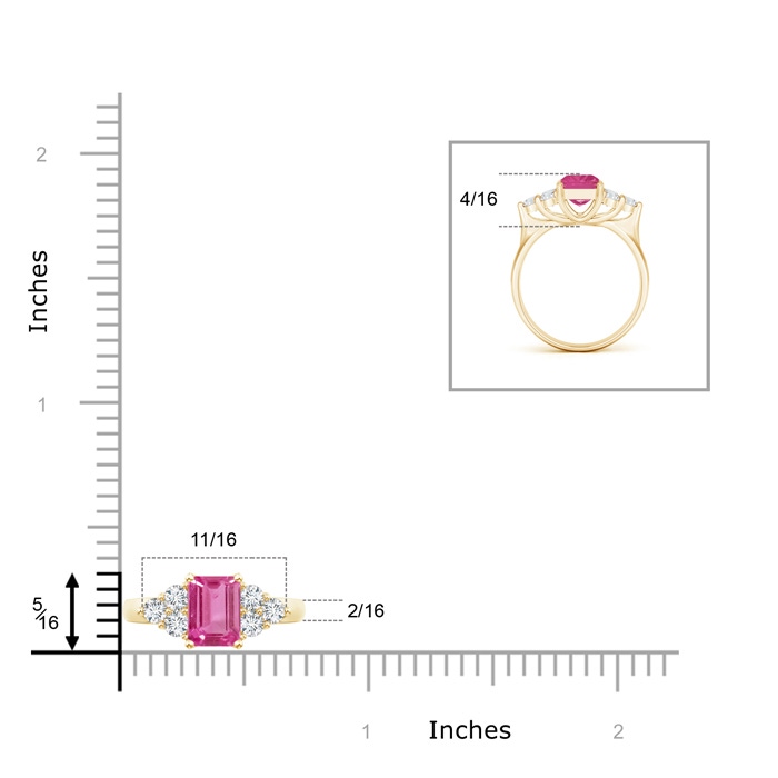 8x6mm AAAA Emerald-Cut Pink Sapphire Ring with Trio Diamonds in Yellow Gold Product Image