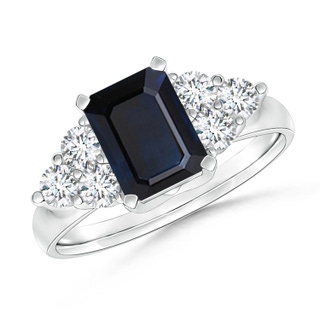 7x5mm A Emerald-Cut Blue Sapphire Ring with Trio Diamonds in 9K White Gold