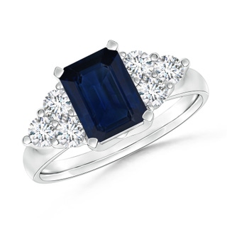 7x5mm AA Emerald-Cut Blue Sapphire Ring with Trio Diamonds in 9K White Gold