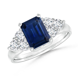 7x5mm AAA Emerald-Cut Blue Sapphire Ring with Trio Diamonds in 9K White Gold