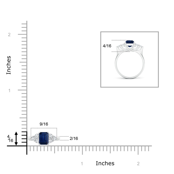 7x5mm AAA Emerald-Cut Blue Sapphire Ring with Trio Diamonds in White Gold ruler