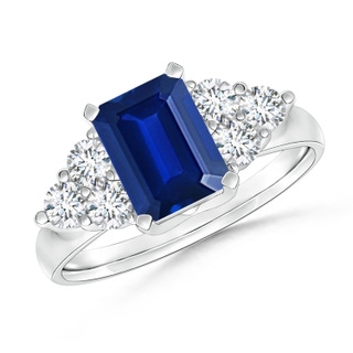 7x5mm AAAA Emerald-Cut Blue Sapphire Ring with Trio Diamonds in White Gold