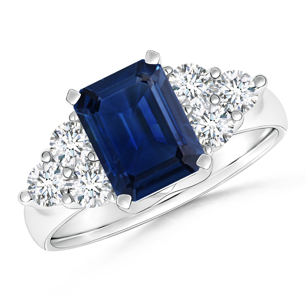8x6mm AAA Emerald-Cut Blue Sapphire Ring with Trio Diamonds in P950 Platinum