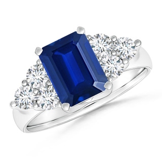 8x6mm AAAA Emerald-Cut Blue Sapphire Ring with Trio Diamonds in P950 Platinum