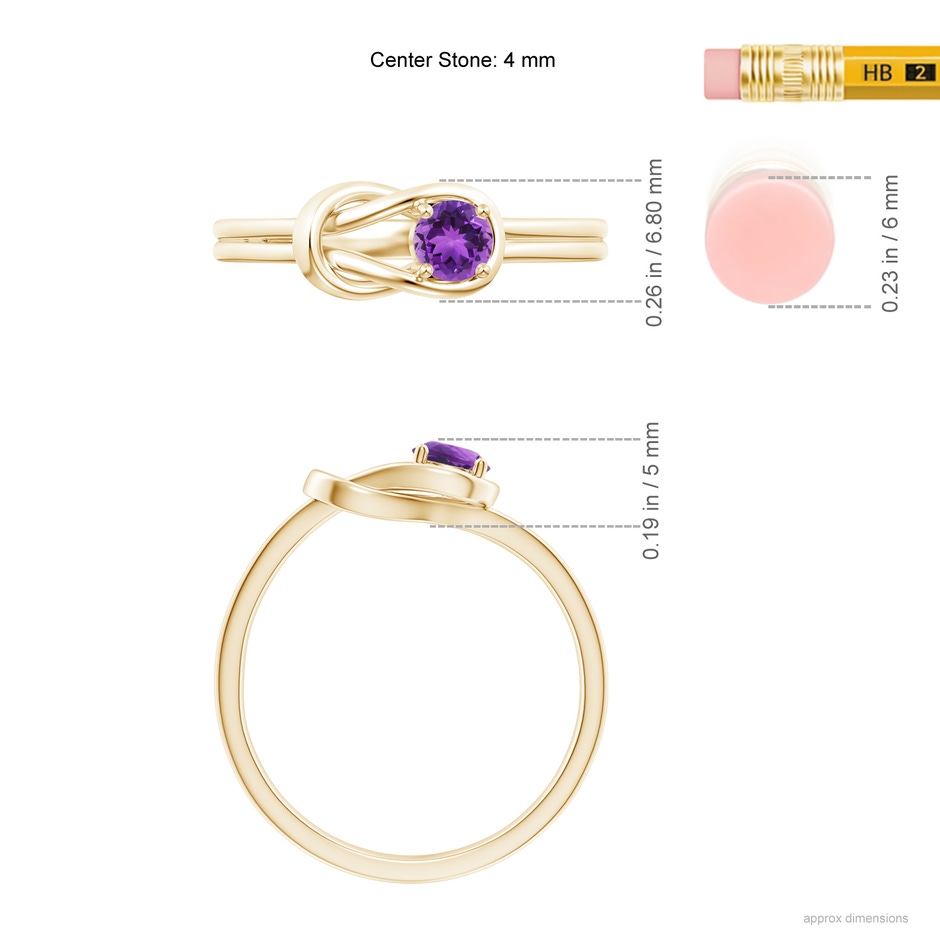 4mm AAA Solitaire Amethyst Infinity Knot Ring in Yellow Gold ruler