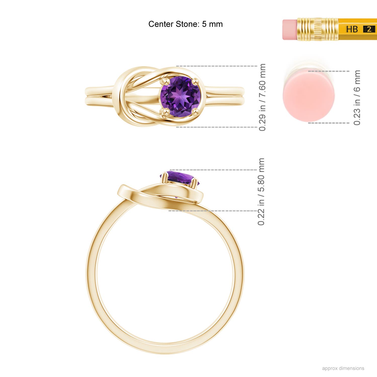 5mm AAAA Solitaire Amethyst Infinity Knot Ring in Yellow Gold - ruler