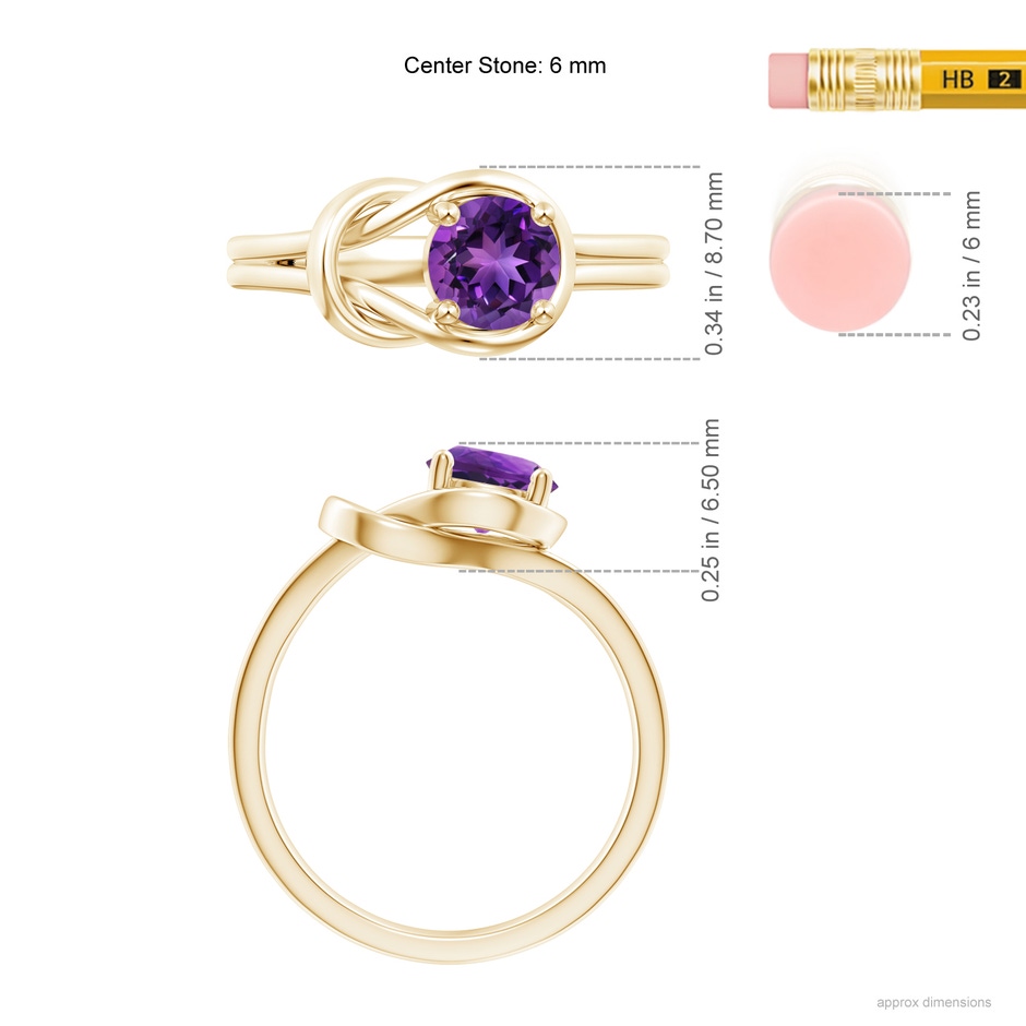 6mm AAAA Solitaire Amethyst Infinity Knot Ring in 18K Yellow Gold ruler