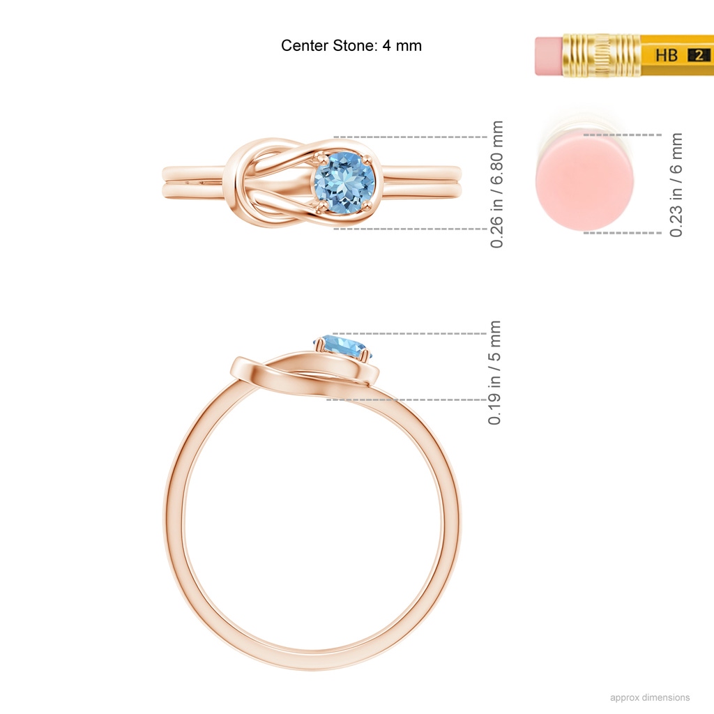 4mm AAAA Solitaire Aquamarine Infinity Knot Ring in Rose Gold ruler
