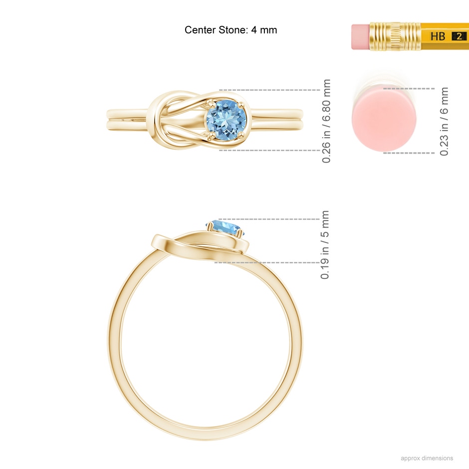 4mm AAAA Solitaire Aquamarine Infinity Knot Ring in Yellow Gold ruler