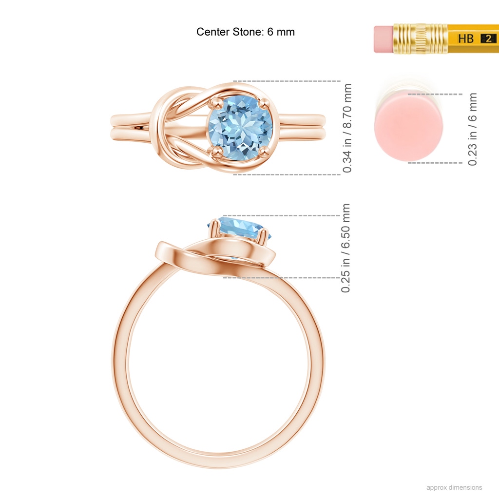 6mm AAAA Solitaire Aquamarine Infinity Knot Ring in Rose Gold ruler