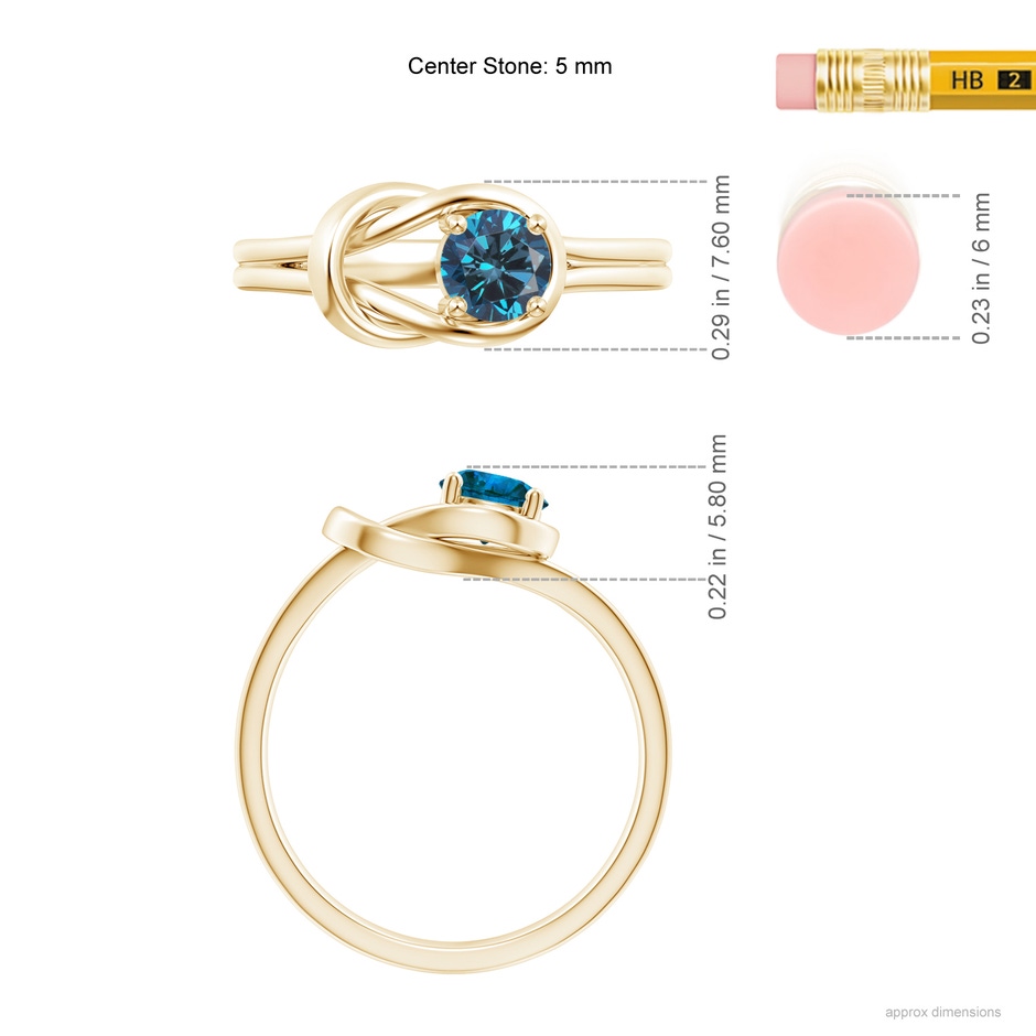5mm AAA Solitaire Enhanced Blue Diamond Infinity Knot Ring in Yellow Gold ruler