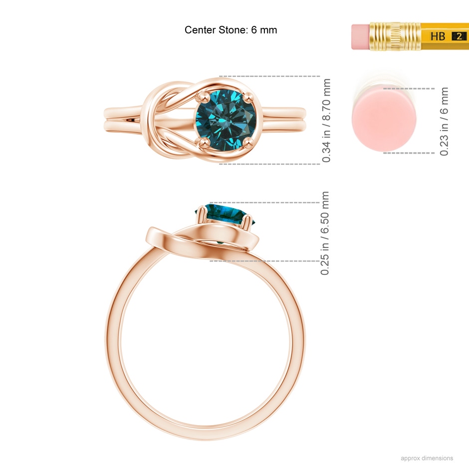 6mm AA Solitaire Enhanced Blue Diamond Infinity Knot Ring in 18K Rose Gold ruler
