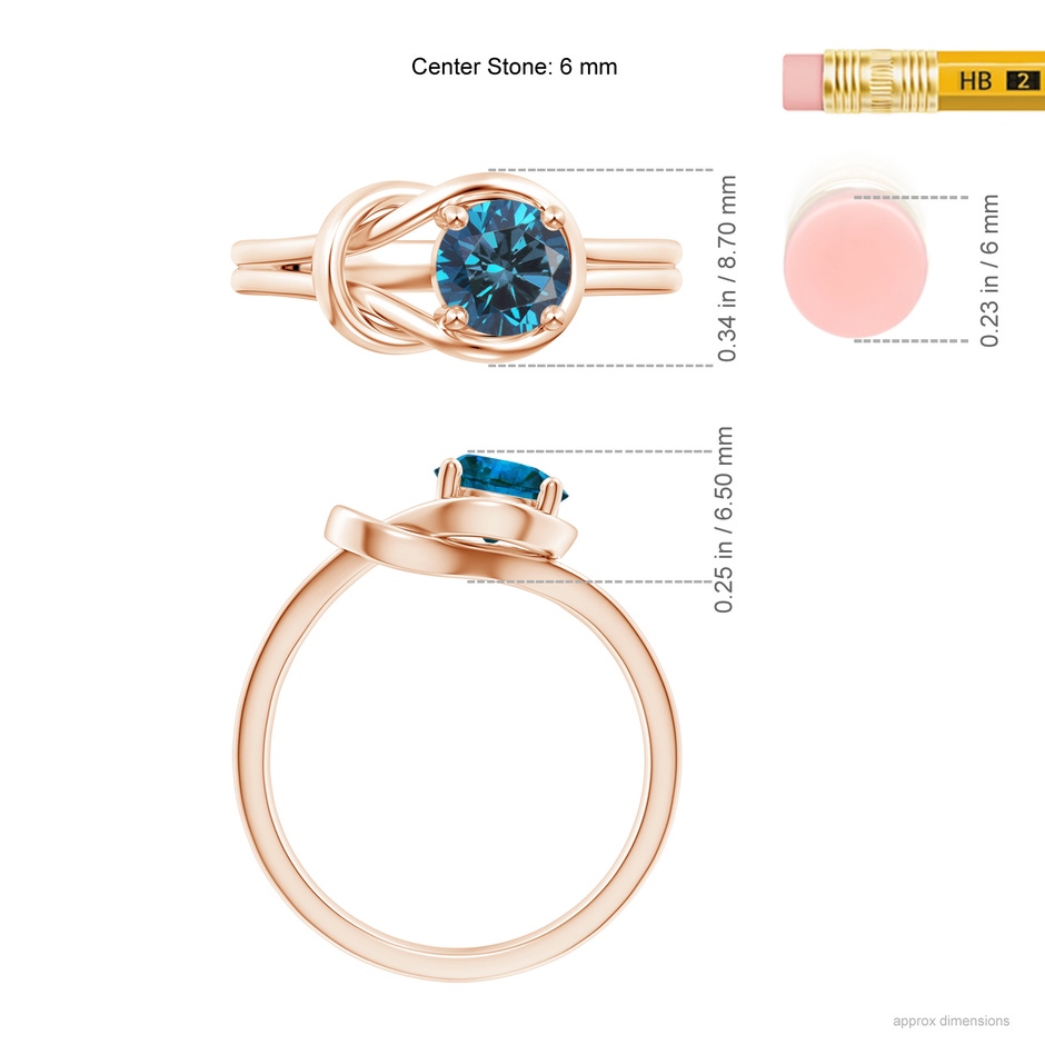 6mm AAA Solitaire Enhanced Blue Diamond Infinity Knot Ring in Rose Gold ruler