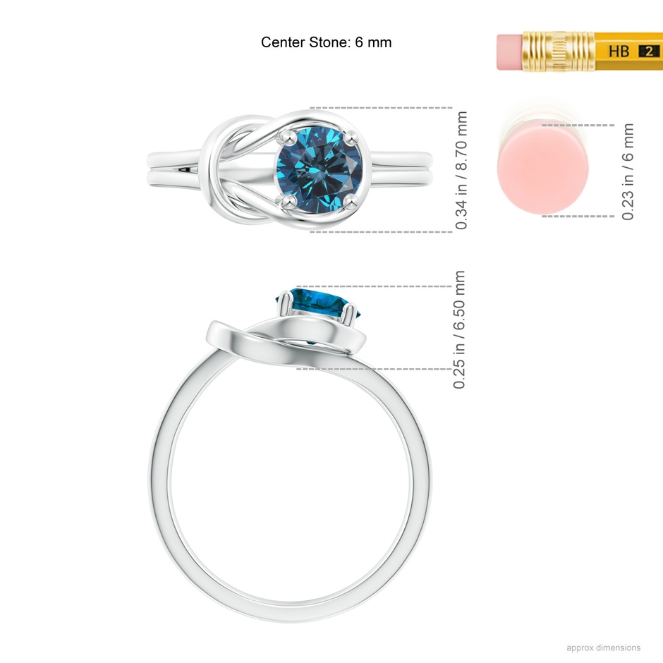 6mm AAA Solitaire Enhanced Blue Diamond Infinity Knot Ring in White Gold ruler