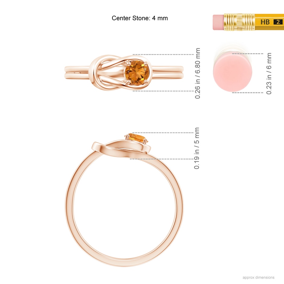 4mm AAA Solitaire Citrine Infinity Knot Ring in Rose Gold ruler