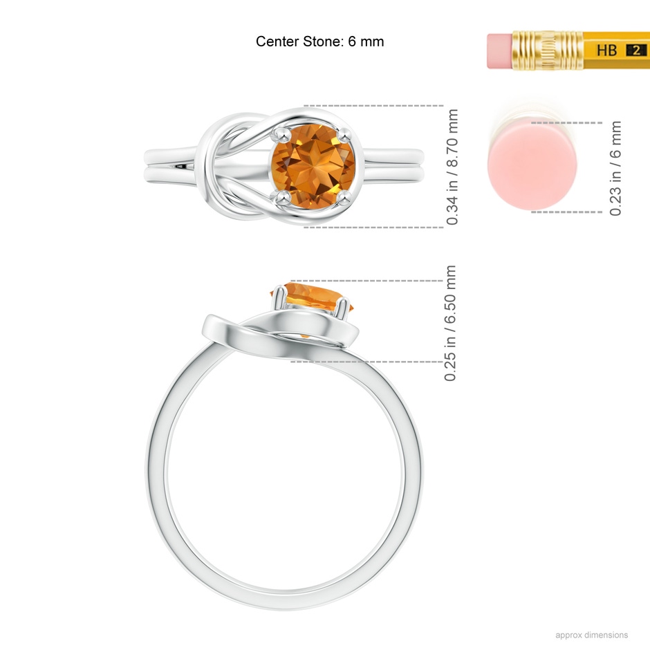 6mm AAA Solitaire Citrine Infinity Knot Ring in 18K White Gold ruler