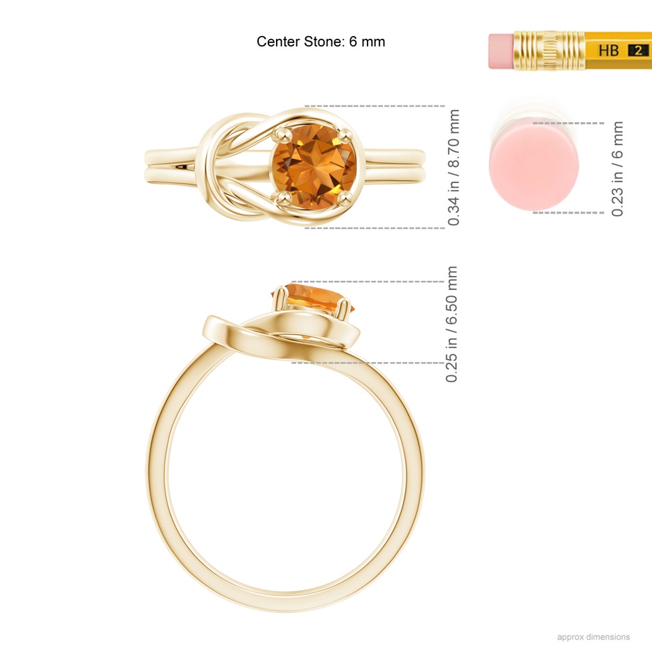6mm AAA Solitaire Citrine Infinity Knot Ring in Yellow Gold ruler