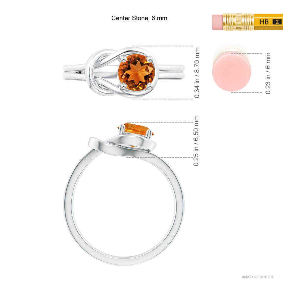6mm AAAA Solitaire Citrine Infinity Knot Ring in 18K White Gold ruler