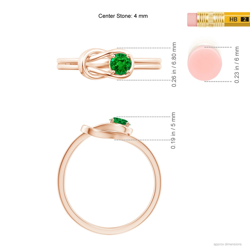 4mm AAAA Solitaire Emerald Infinity Knot Ring in Rose Gold ruler