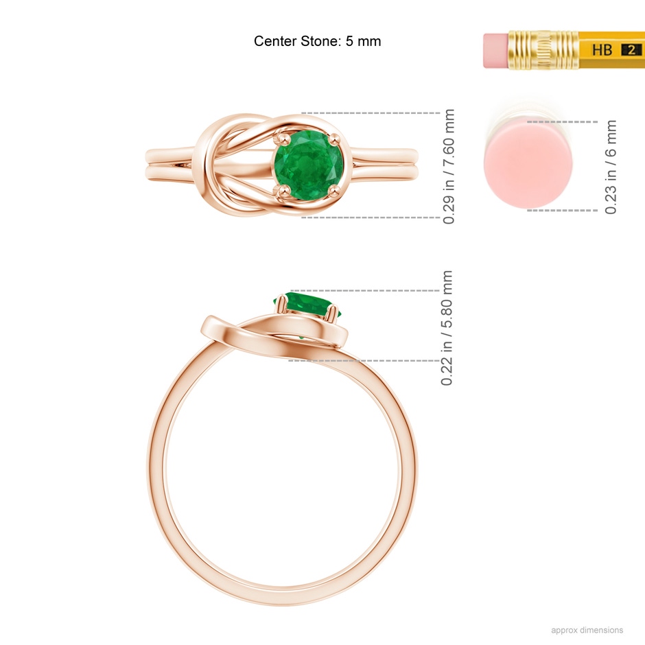 5mm AA Solitaire Emerald Infinity Knot Ring in Rose Gold ruler