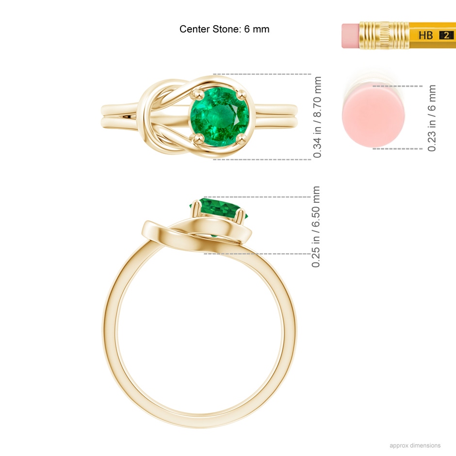 6mm AAA Solitaire Emerald Infinity Knot Ring in Yellow Gold ruler