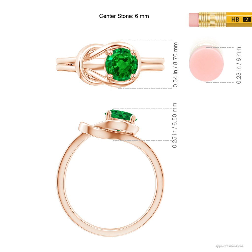 6mm AAAA Solitaire Emerald Infinity Knot Ring in Rose Gold ruler