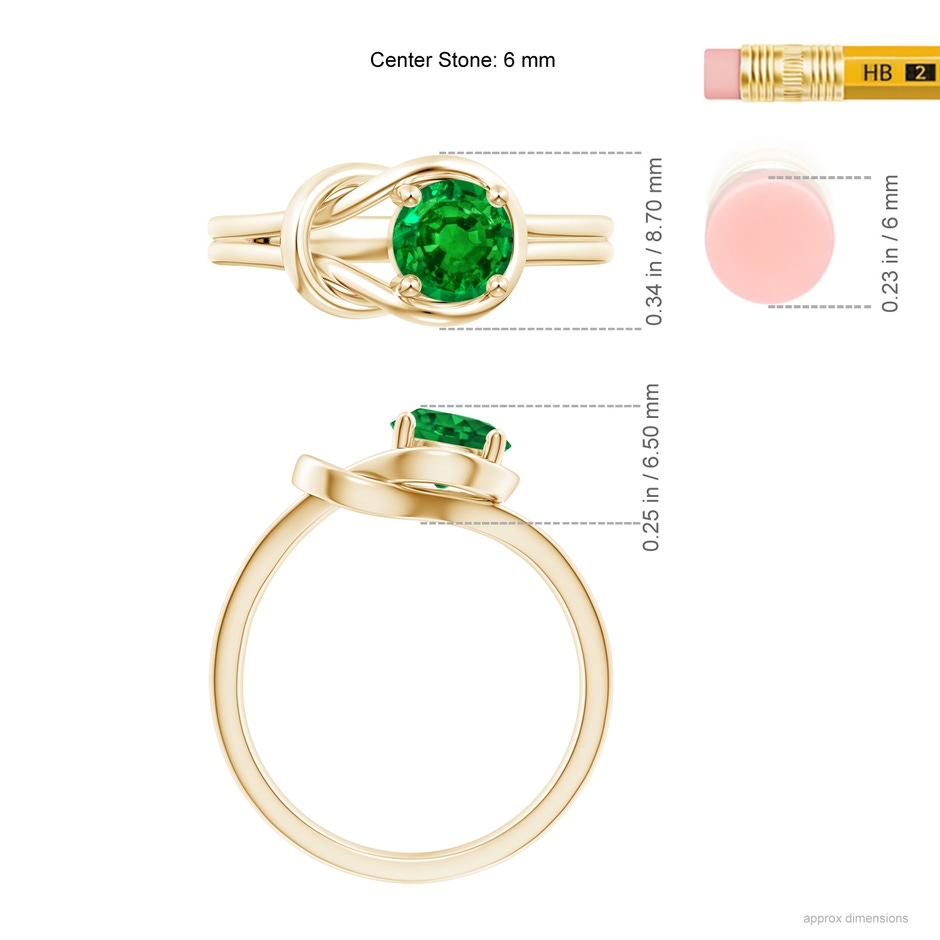 6mm AAAA Solitaire Emerald Infinity Knot Ring in Yellow Gold ruler