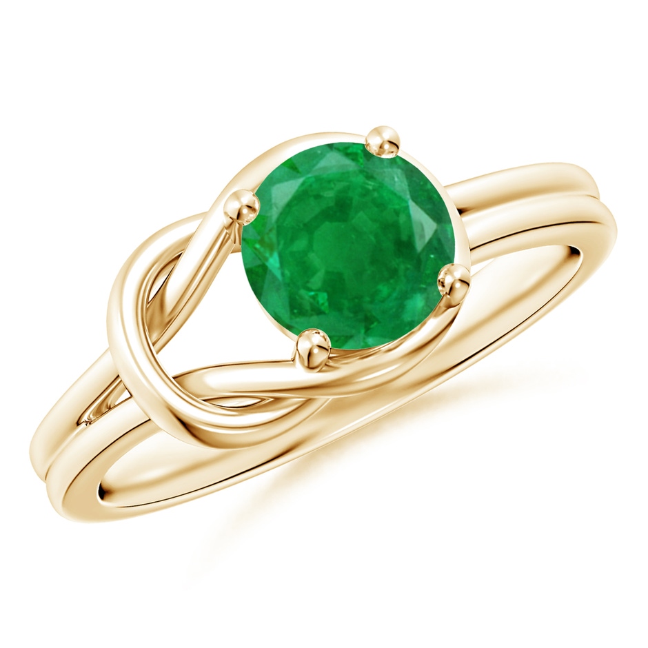 7mm AA Solitaire Emerald Infinity Knot Ring in Yellow Gold 