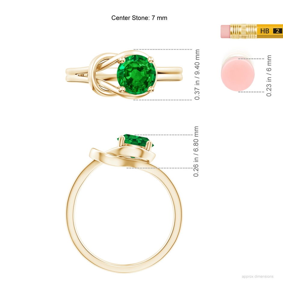 7mm AAAA Solitaire Emerald Infinity Knot Ring in Yellow Gold ruler