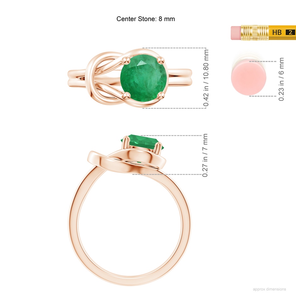 8mm A Solitaire Emerald Infinity Knot Ring in Rose Gold ruler