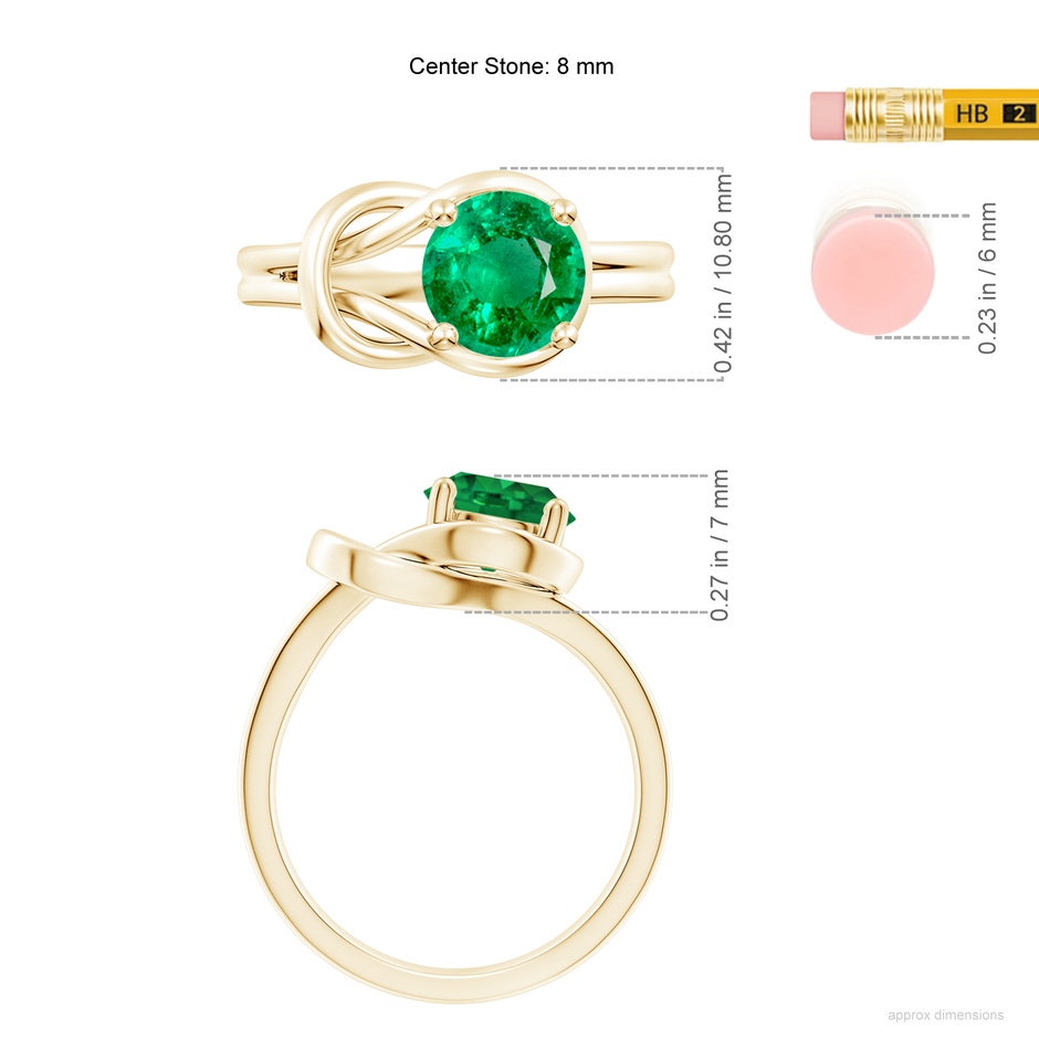 8mm AAA Solitaire Emerald Infinity Knot Ring in Yellow Gold ruler