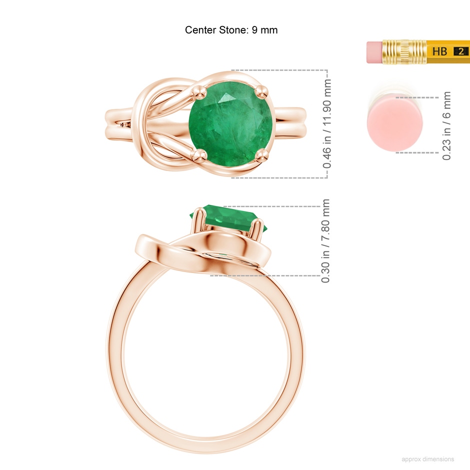 9mm A Solitaire Emerald Infinity Knot Ring in Rose Gold ruler