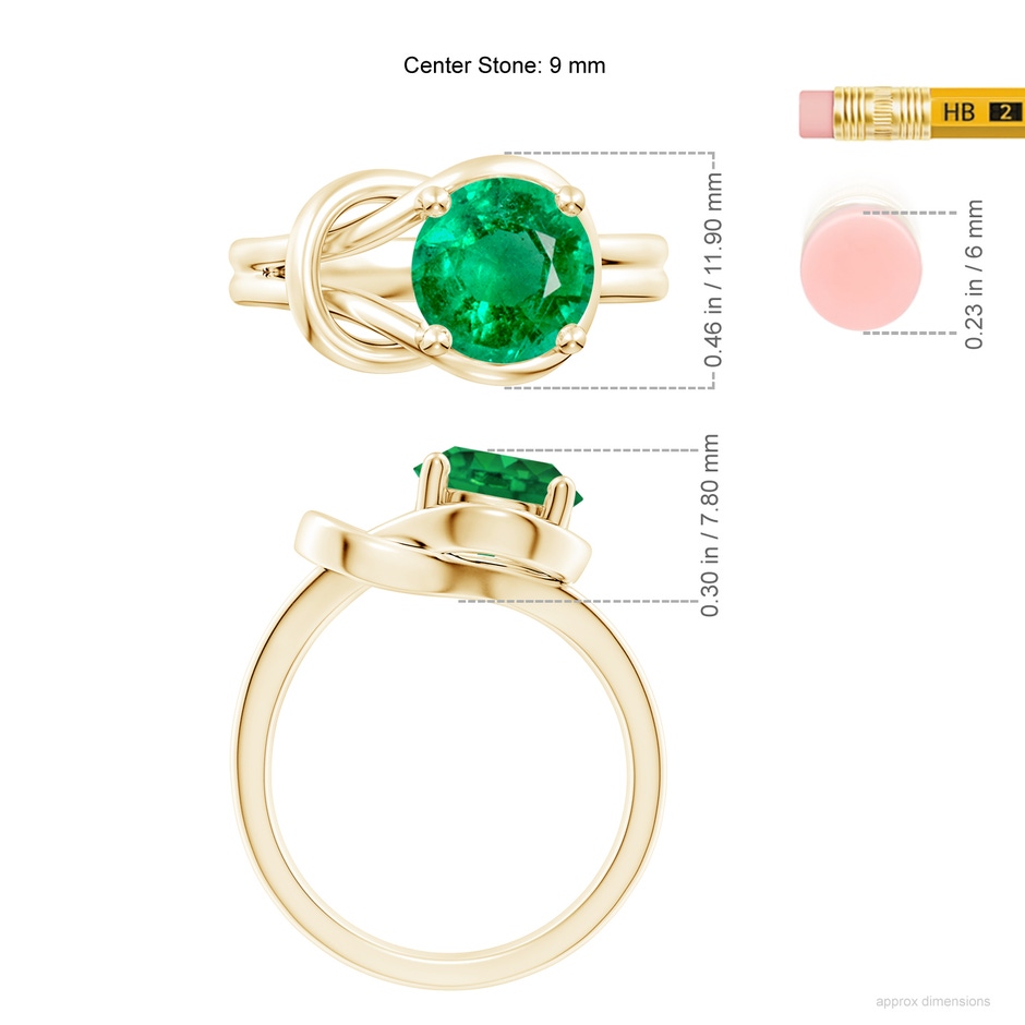 9mm AAA Solitaire Emerald Infinity Knot Ring in Yellow Gold ruler