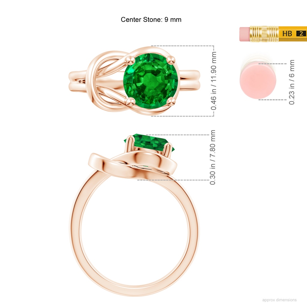 9mm AAAA Solitaire Emerald Infinity Knot Ring in Rose Gold ruler