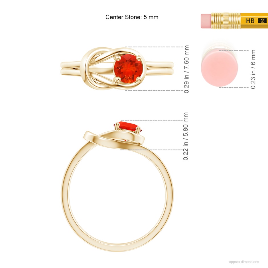 5mm AAAA Solitaire Fire Opal Infinity Knot Ring in Yellow Gold ruler