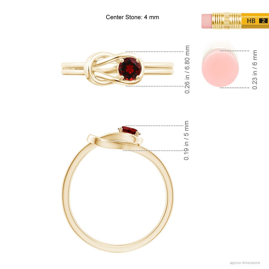 4mm AAAA Solitaire Garnet Infinity Knot Ring in Yellow Gold ruler