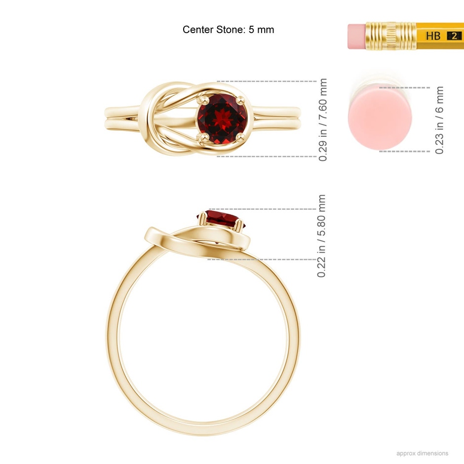 5mm AAAA Solitaire Garnet Infinity Knot Ring in 18K Yellow Gold ruler