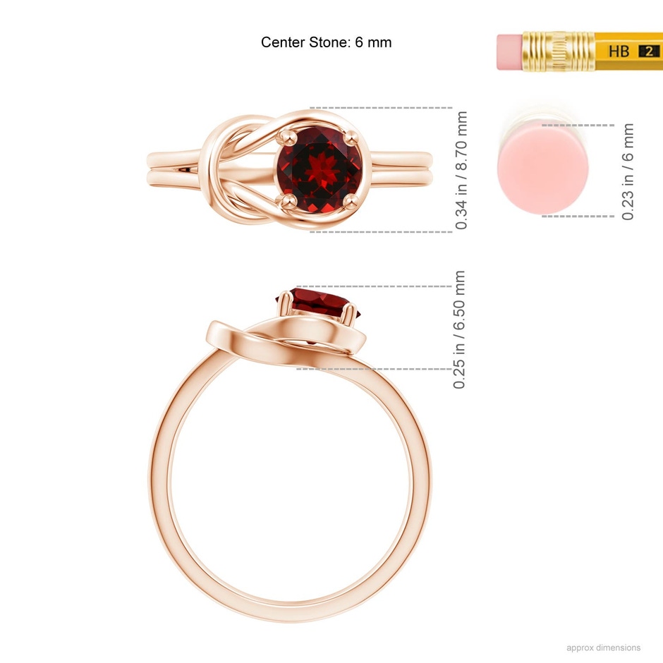 6mm AAAA Solitaire Garnet Infinity Knot Ring in 18K Rose Gold ruler