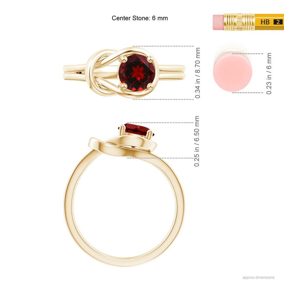 6mm AAAA Solitaire Garnet Infinity Knot Ring in Yellow Gold ruler