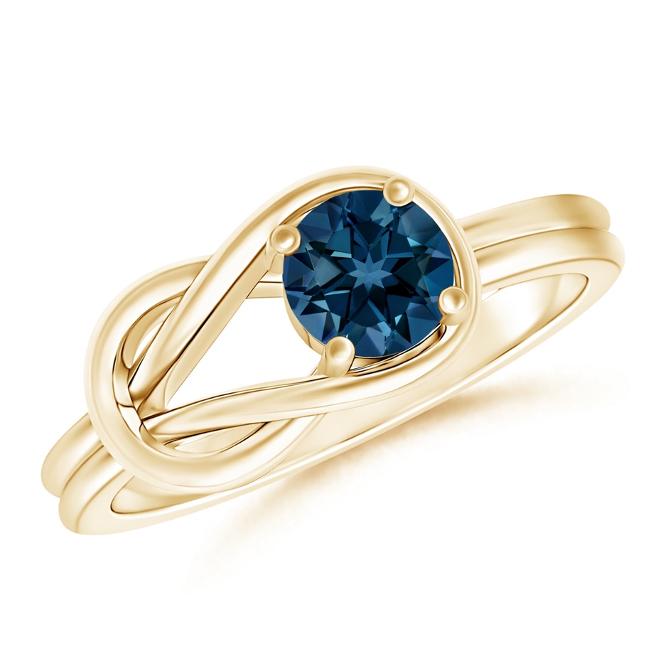 5mm AAAA Solitaire London Blue Topaz Infinity Knot Ring in Yellow Gold 