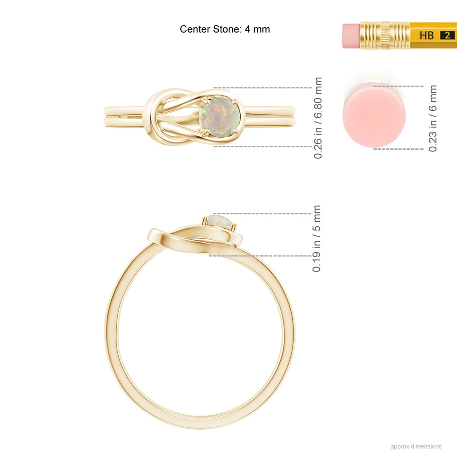 4mm AAAA Solitaire Opal Infinity Knot Ring in Yellow Gold ruler