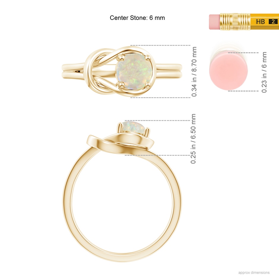 6mm AAA Solitaire Opal Infinity Knot Ring in Yellow Gold ruler