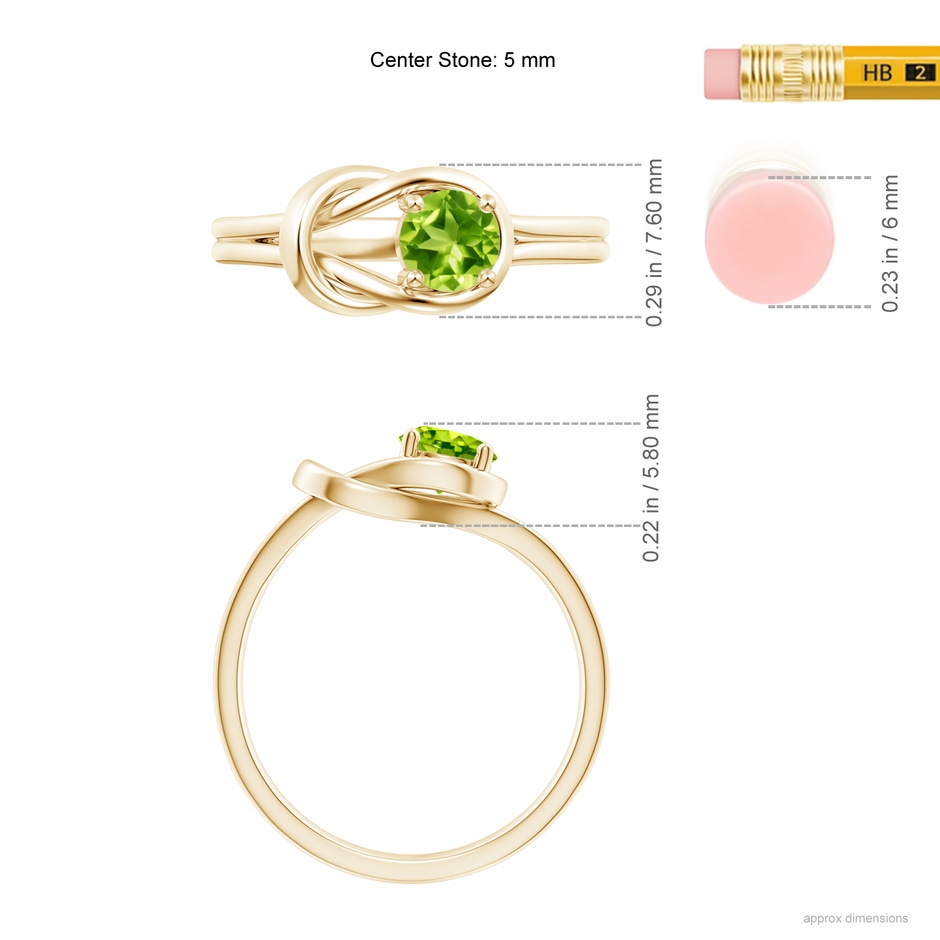 5mm AAA Solitaire Peridot Infinity Knot Ring in Yellow Gold ruler
