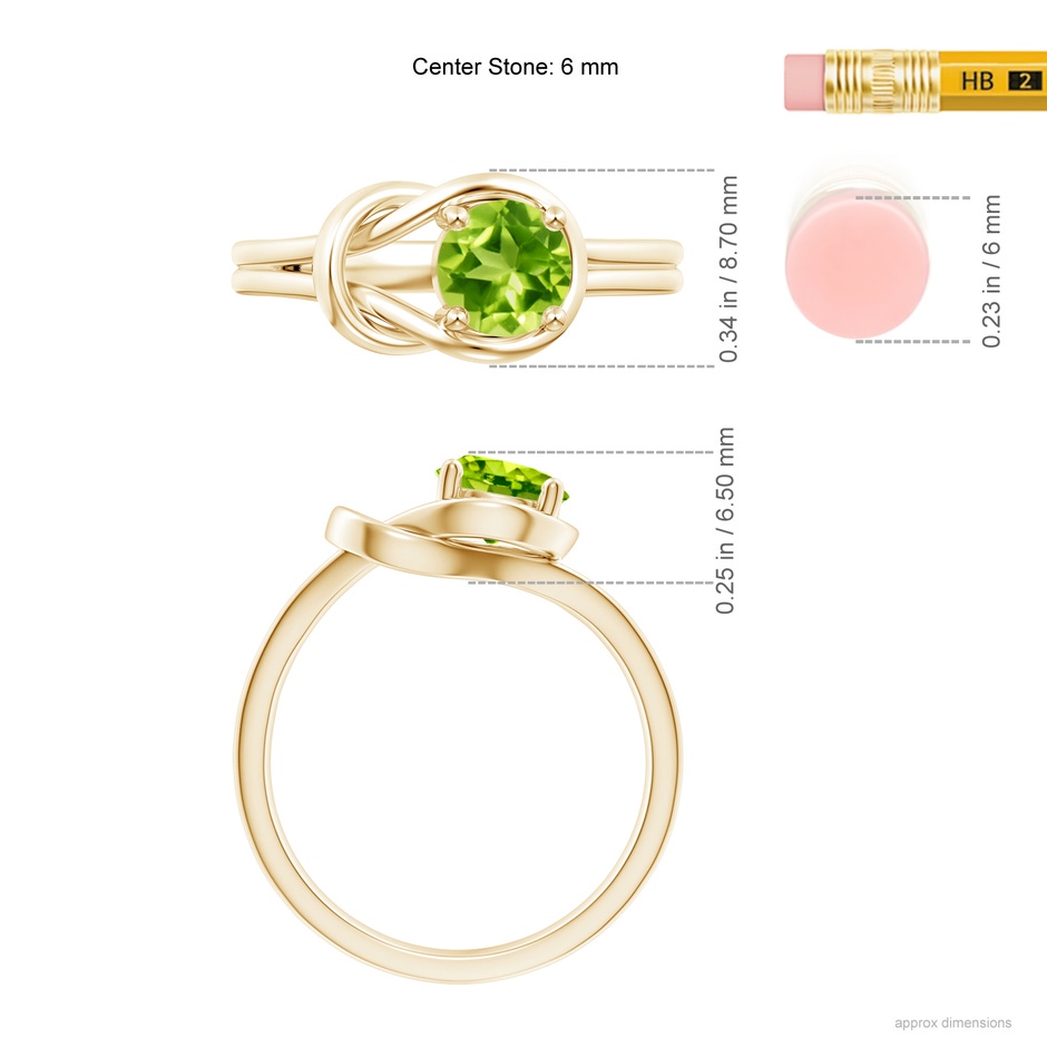 6mm AAA Solitaire Peridot Infinity Knot Ring in Yellow Gold ruler