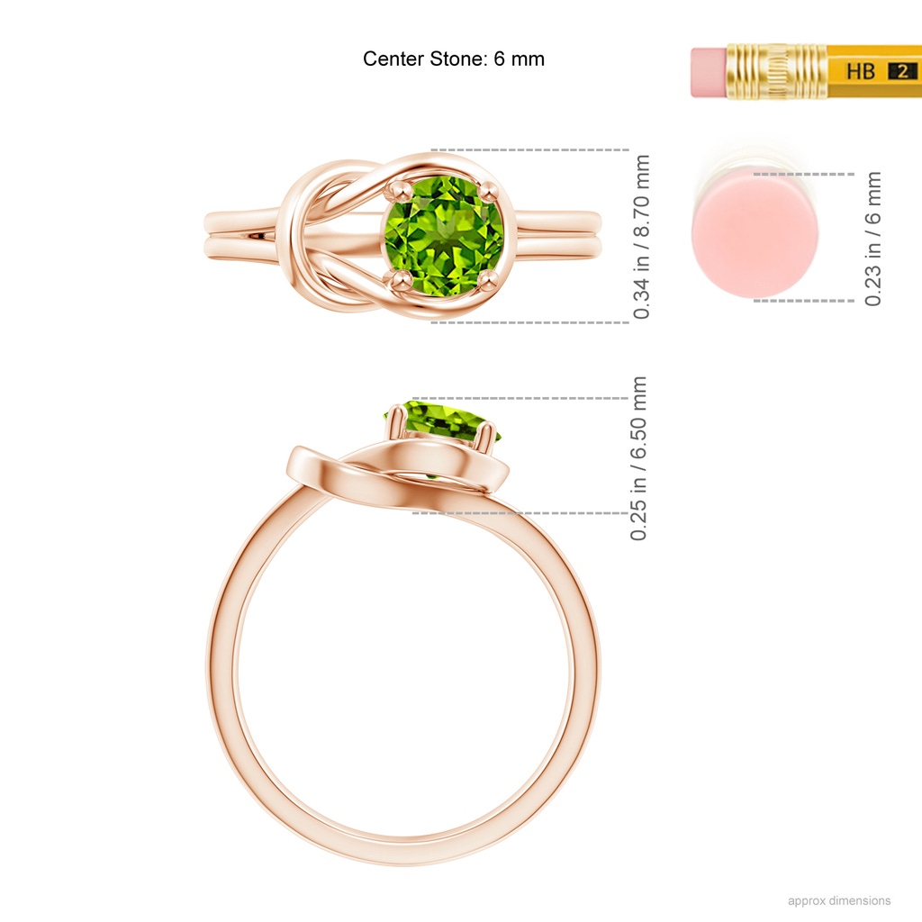6mm AAAA Solitaire Peridot Infinity Knot Ring in Rose Gold Ruler