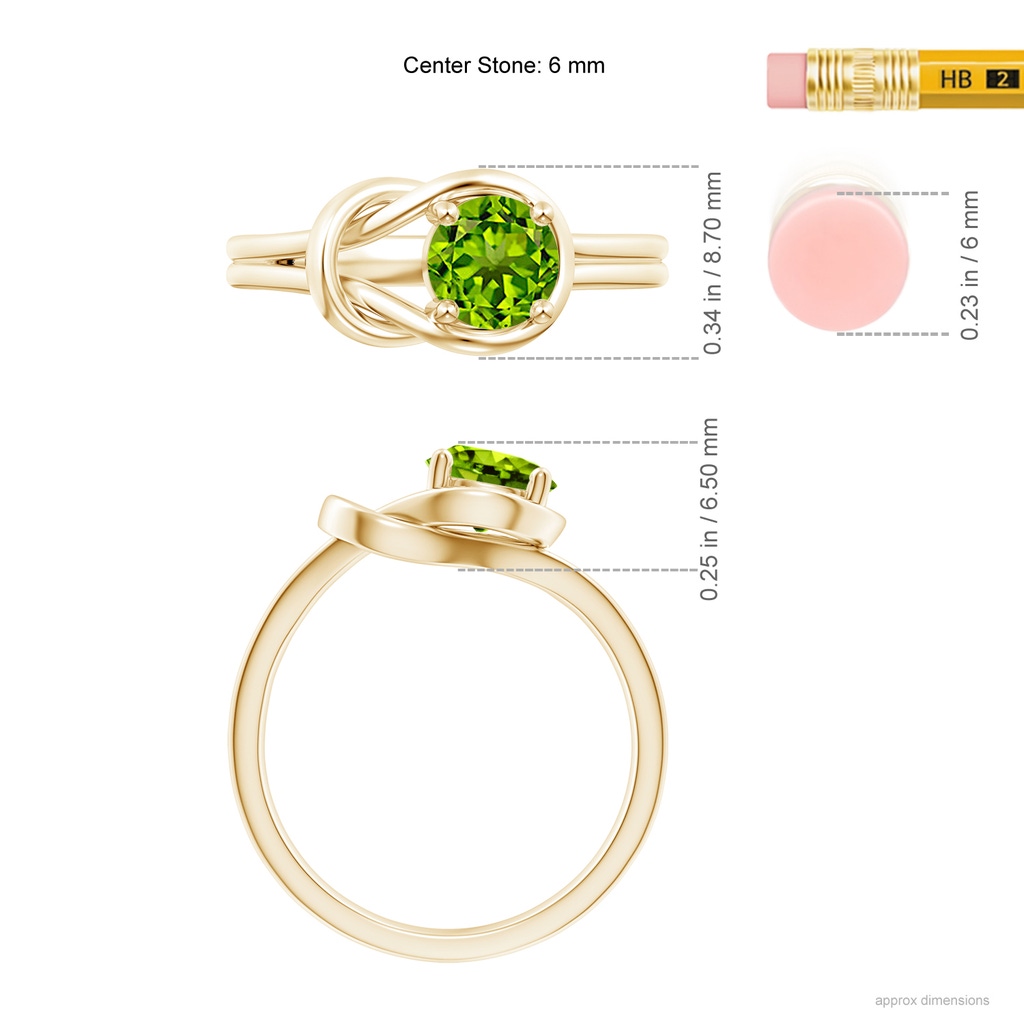 6mm AAAA Solitaire Peridot Infinity Knot Ring in Yellow Gold Ruler