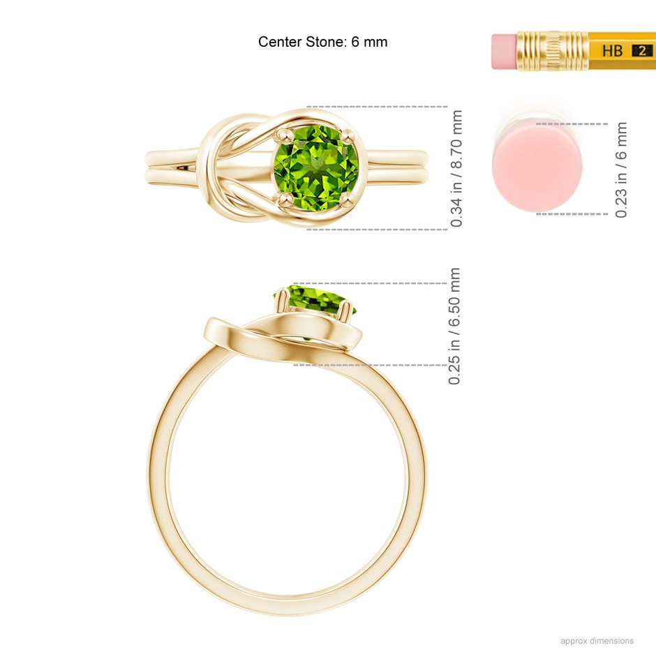6mm AAAA Solitaire Peridot Infinity Knot Ring in Yellow Gold ruler